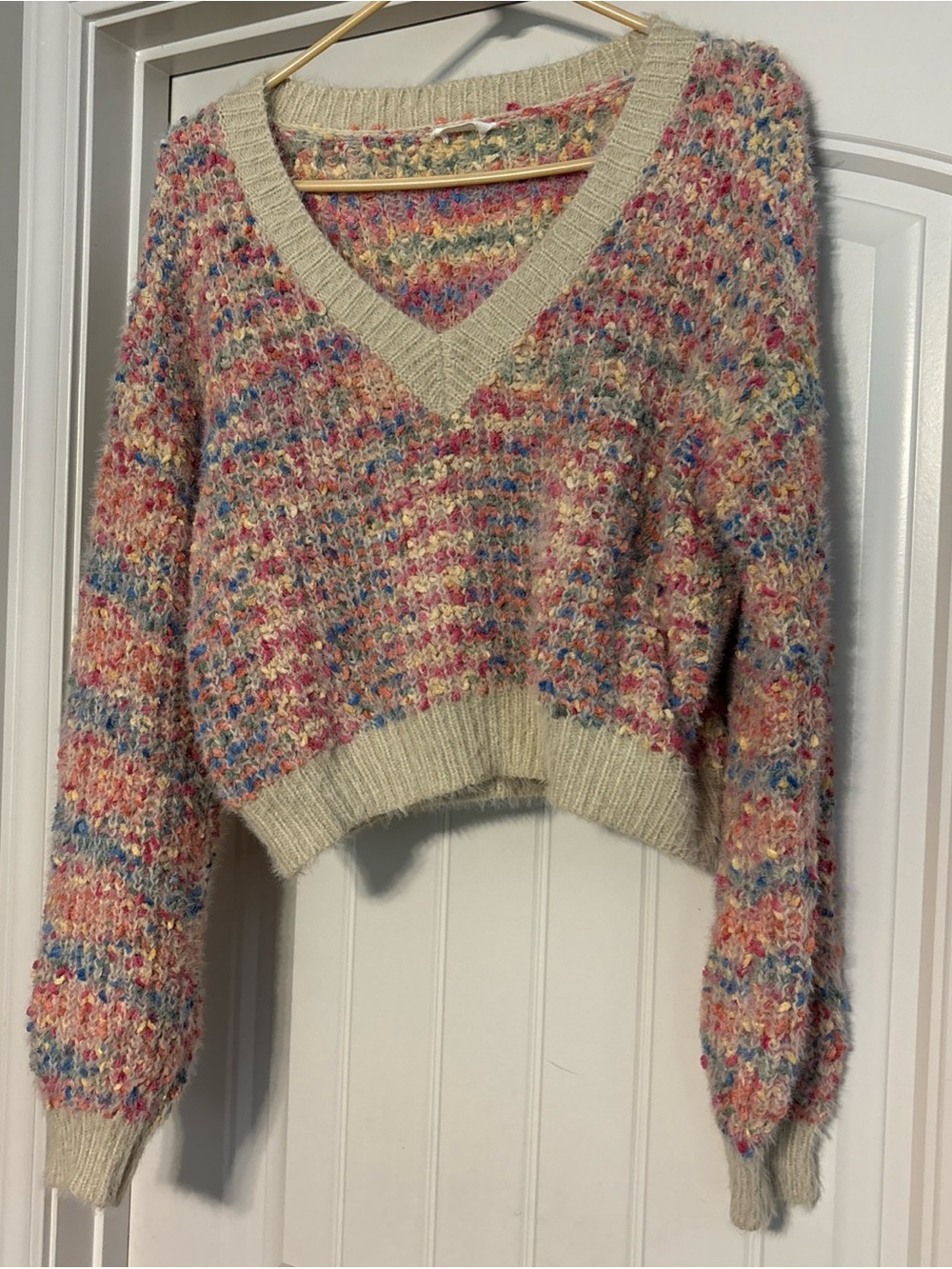 STORIA Anthropologie Rainbow Fluffy Long Sleeve Cropped Sweater Size Small